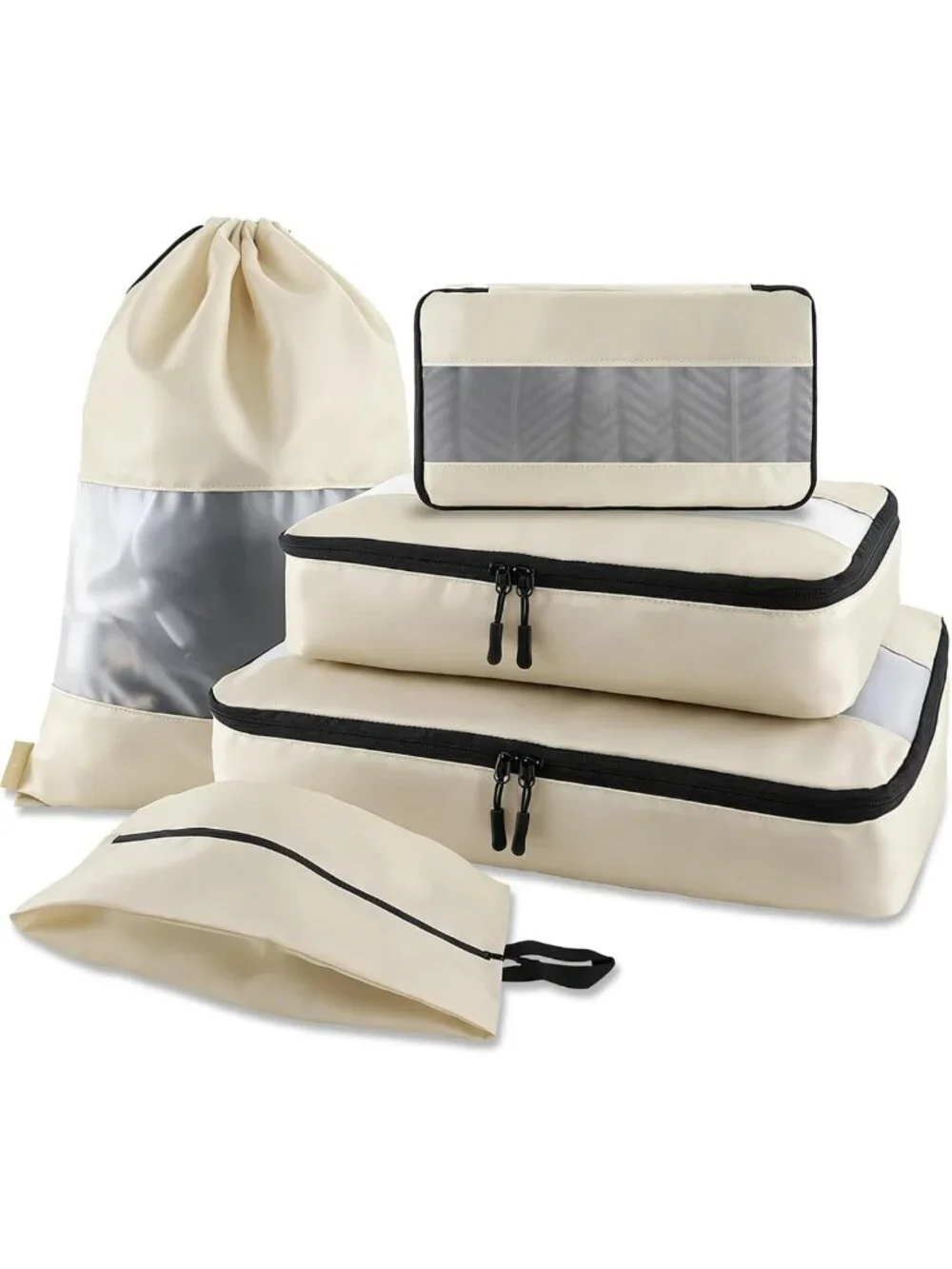 5 Set Packing Cubes & Travel Organizers with Shoe Bag - Cream Color, Lightweight